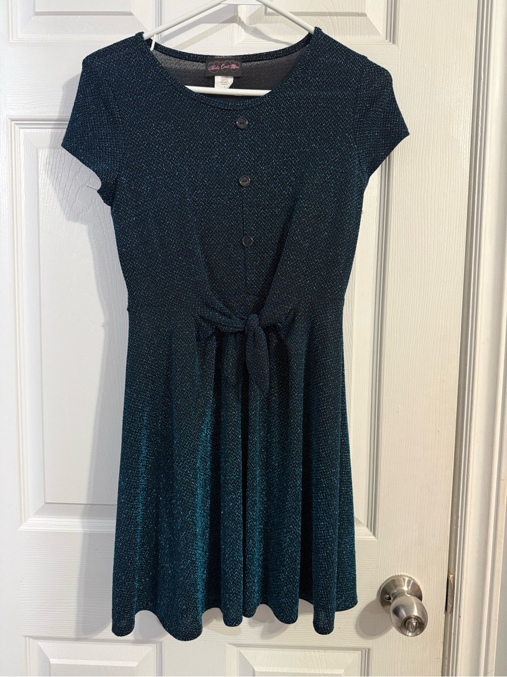 Girls Short-Sleeve Teal Sparkle Tie-Front Dress